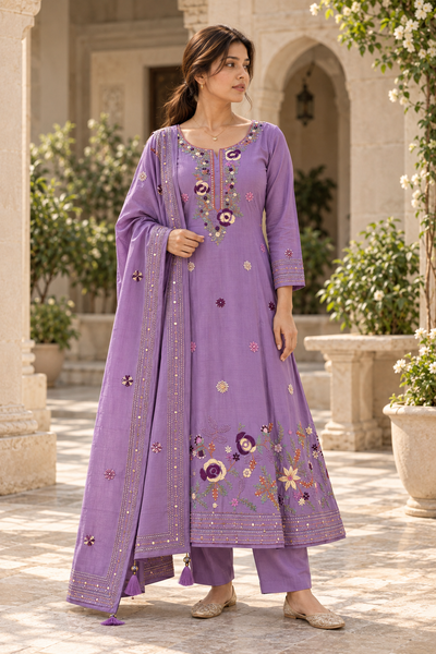 RANGMANJARI Lavender Purple Floral Embroidered Kurta Pant Set with Dupatta for Women