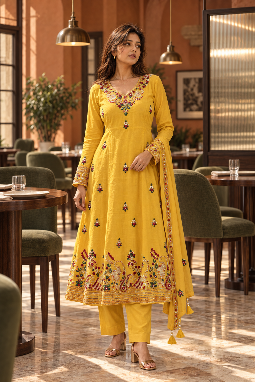 SUVARNIKA Mustard Yellow Embroidered Anarkali Kurta Set with Dupatta for Women - Image 10