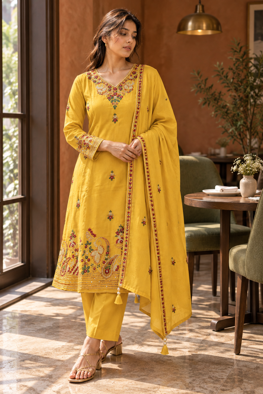 SUVARNIKA Mustard Yellow Embroidered Anarkali Kurta Set with Dupatta for Women - Image 5