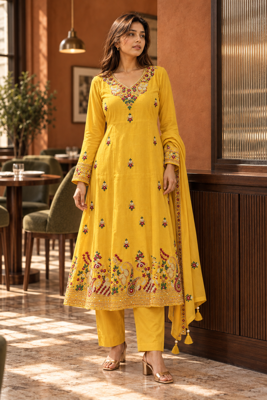 SUVARNIKA Mustard Yellow Embroidered Anarkali Kurta Set with Dupatta for Women - Image 9