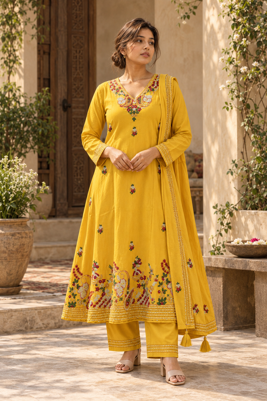 AMALTAS Mustard Yellow Embroidered Anarkali Kurta Set with Dupatta