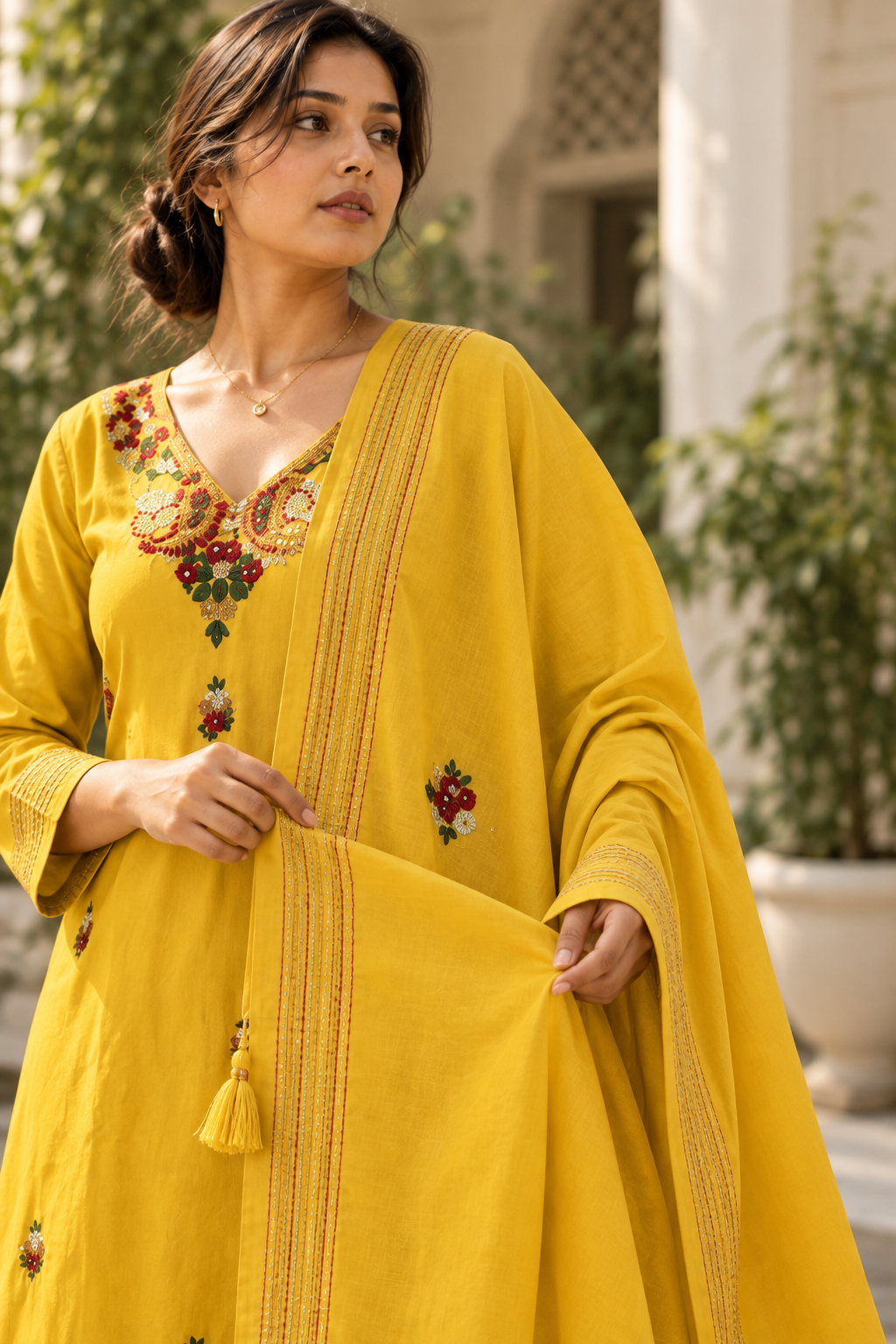 AMALTAS Mustard Yellow Embroidered Anarkali Kurta Set with Dupatta - Image 10