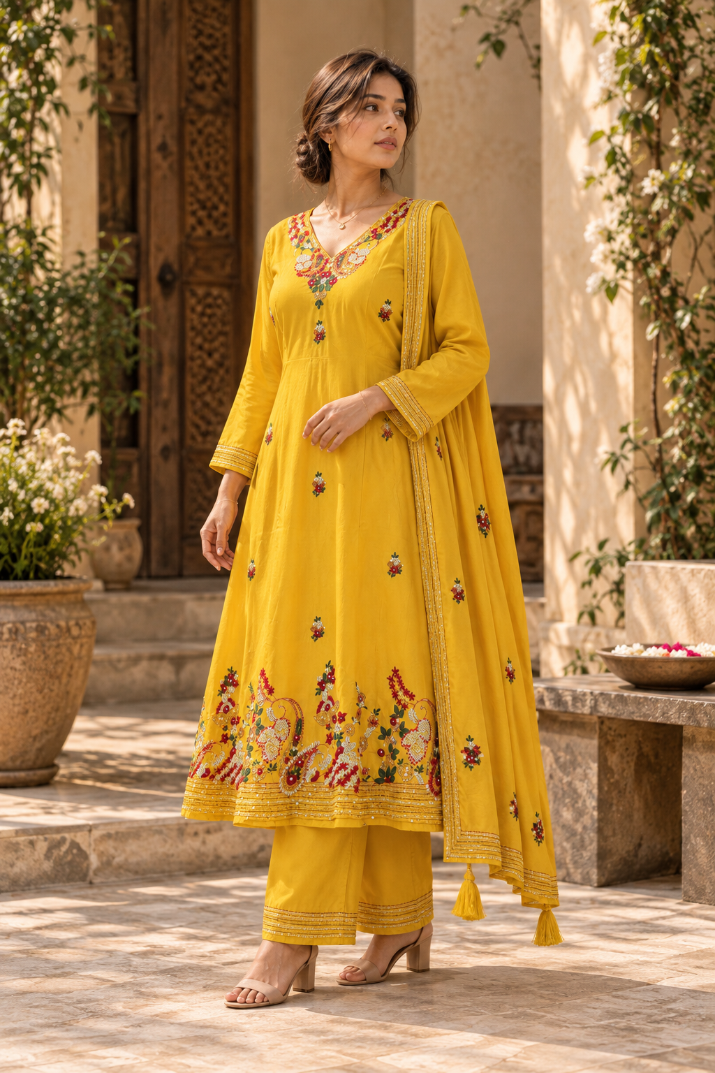 AMALTAS Mustard Yellow Embroidered Anarkali Kurta Set with Dupatta - Image 3