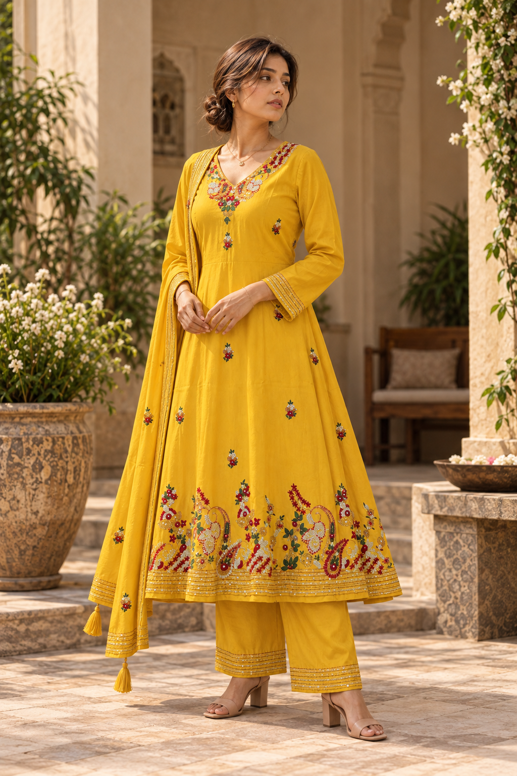 AMALTAS Mustard Yellow Embroidered Anarkali Kurta Set with Dupatta - Image 4