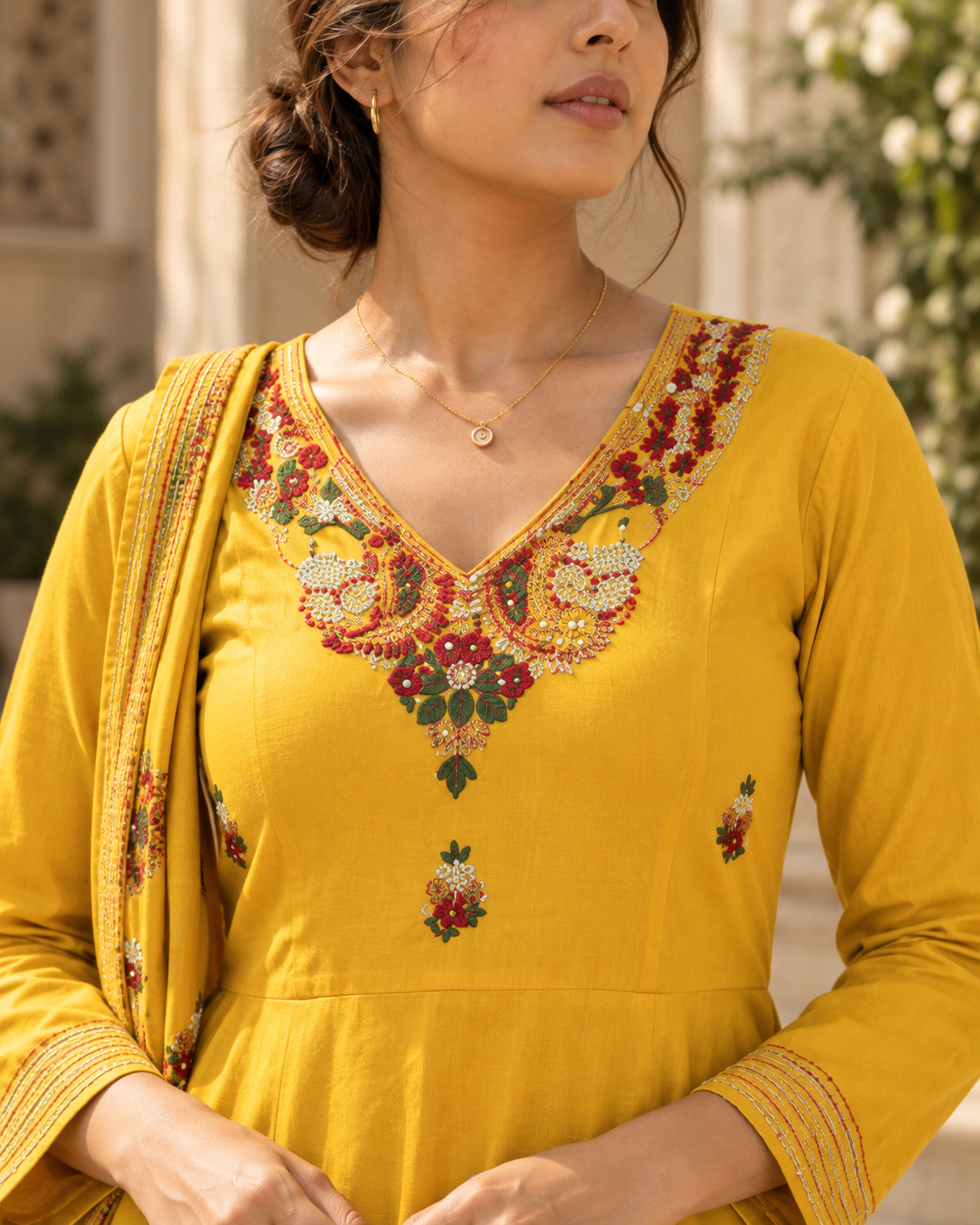 AMALTAS Mustard Yellow Embroidered Anarkali Kurta Set with Dupatta - Image 6