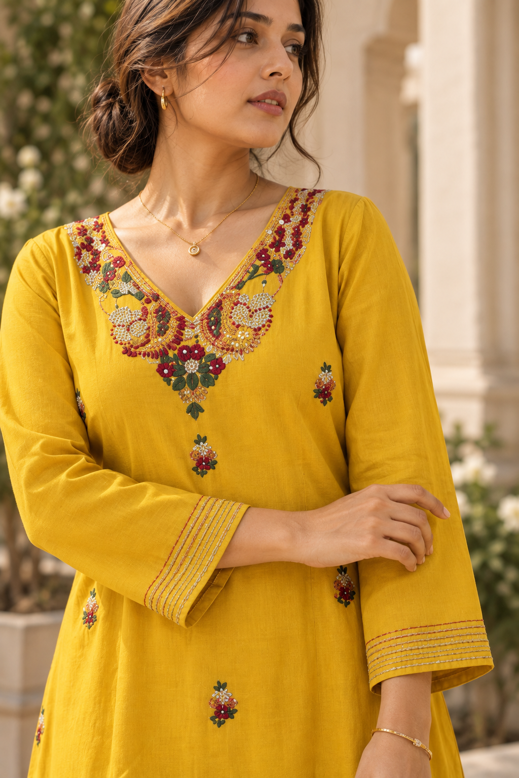 AMALTAS Mustard Yellow Embroidered Anarkali Kurta Set with Dupatta - Image 8