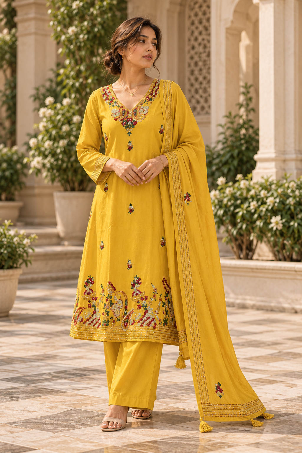 AMALTAS Mustard Yellow Embroidered Anarkali Kurta Set with Dupatta - Image 9