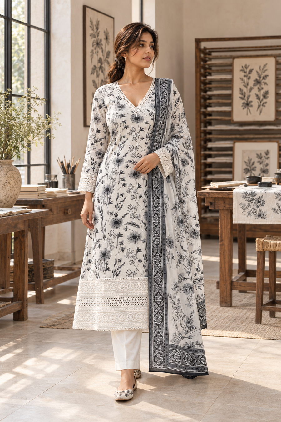 CHHAYAVAN White & Black Floral Printed Kurta Pant Set with Dupatta for Women