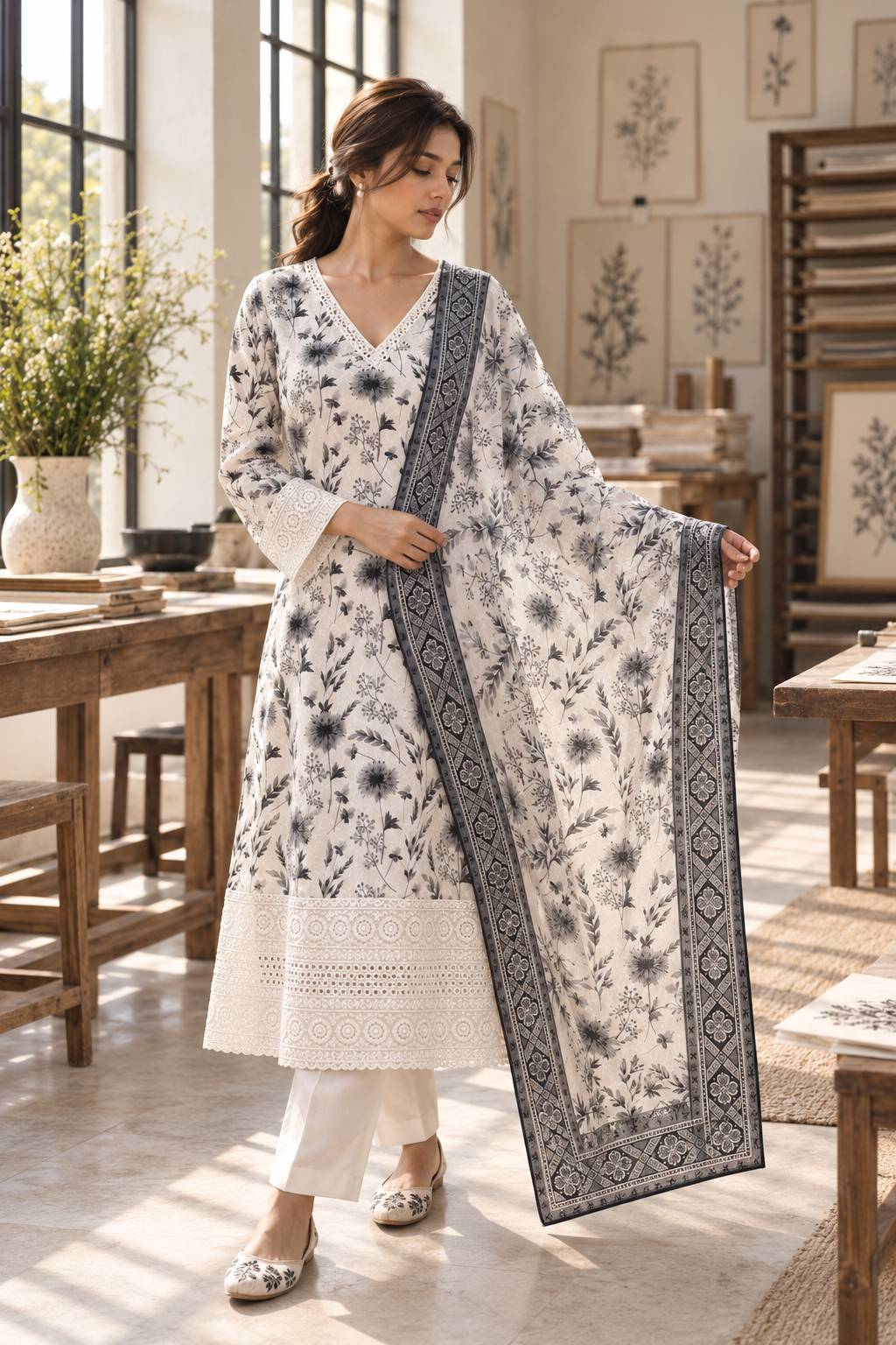 CHHAYAVAN White & Black Floral Printed Kurta Pant Set with Dupatta for Women - Image 3