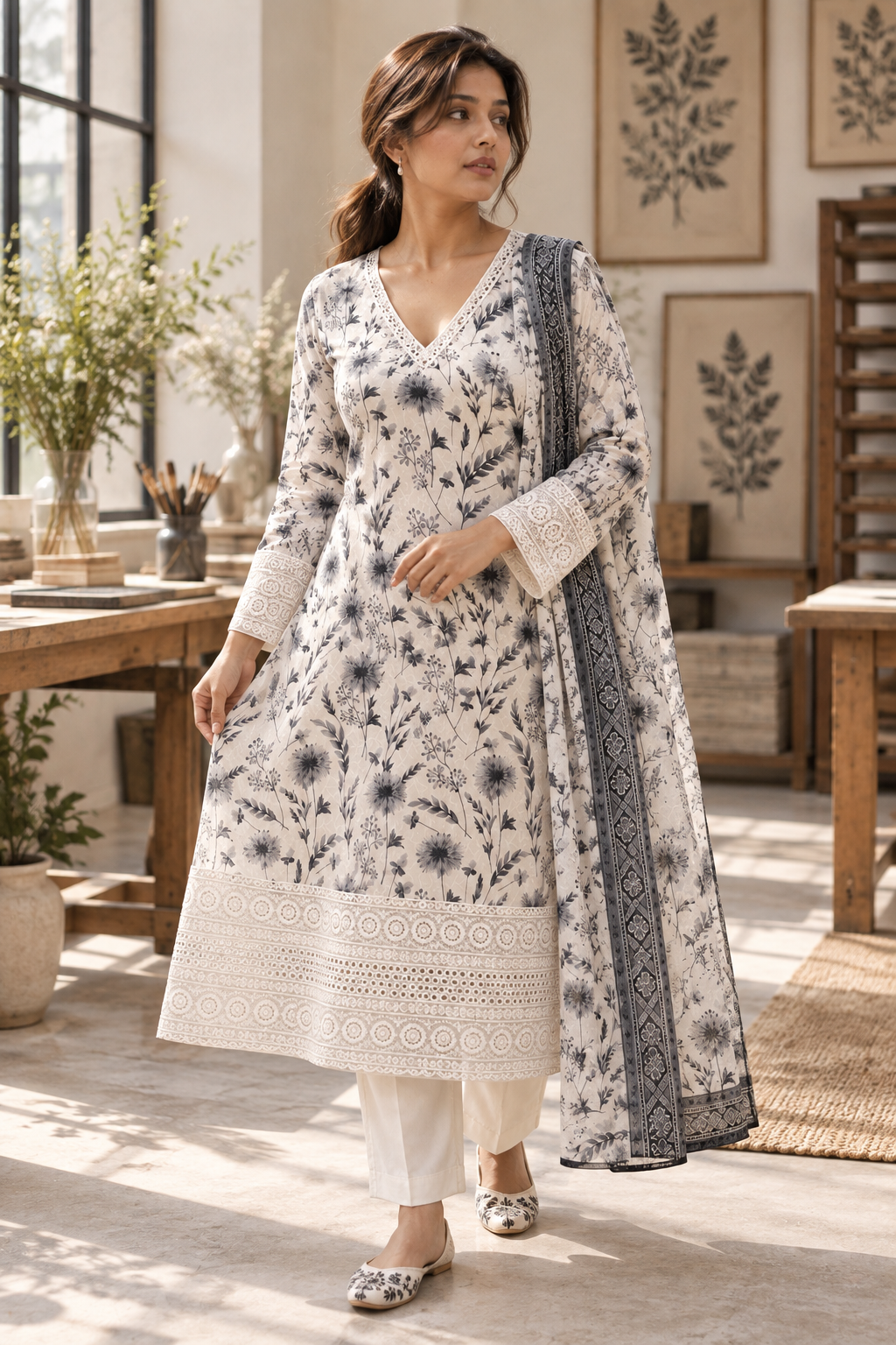 CHHAYAVAN White & Black Floral Printed Kurta Pant Set with Dupatta for Women - Image 6