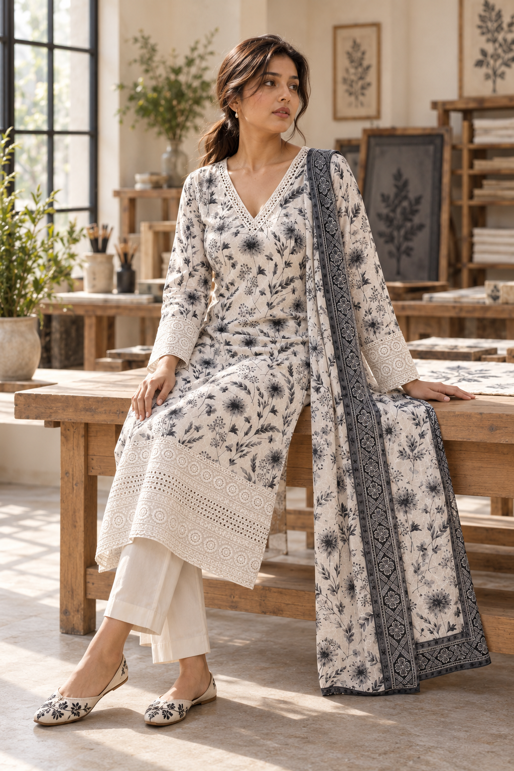 CHHAYAVAN White & Black Floral Printed Kurta Pant Set with Dupatta for Women - Image 7