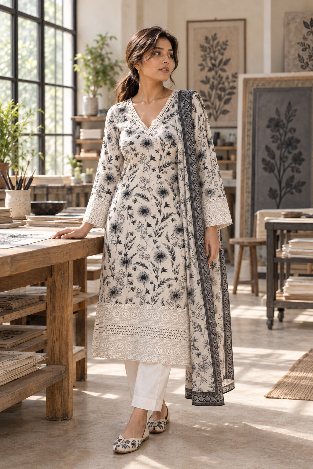 CHHAYAVAN White & Black Floral Printed Kurta Pant Set with Dupatta for Women - Image 8