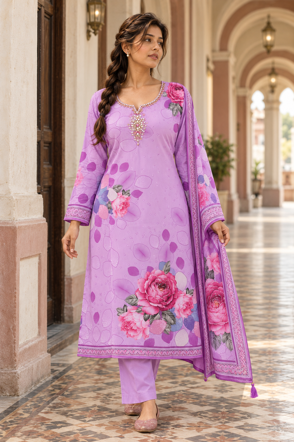 GULABIKA Lavender Floral Printed Kurta Pant Set with Dupatta for Women - Image 3