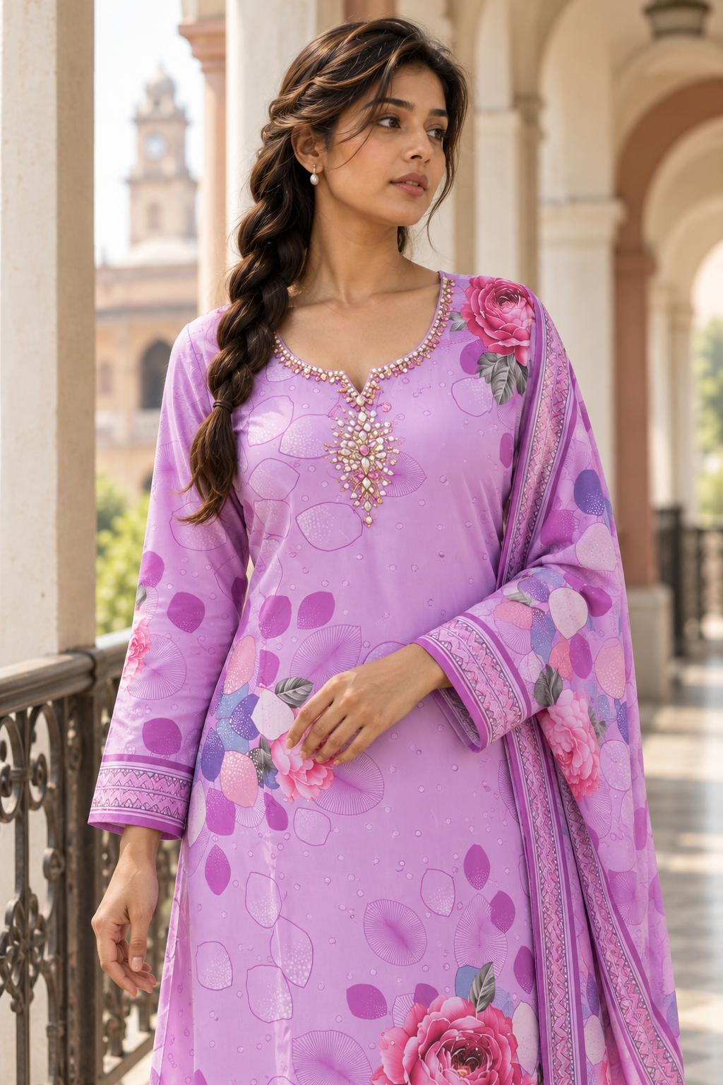 GULABIKA Lavender Floral Printed Kurta Pant Set with Dupatta for Women - Image 4