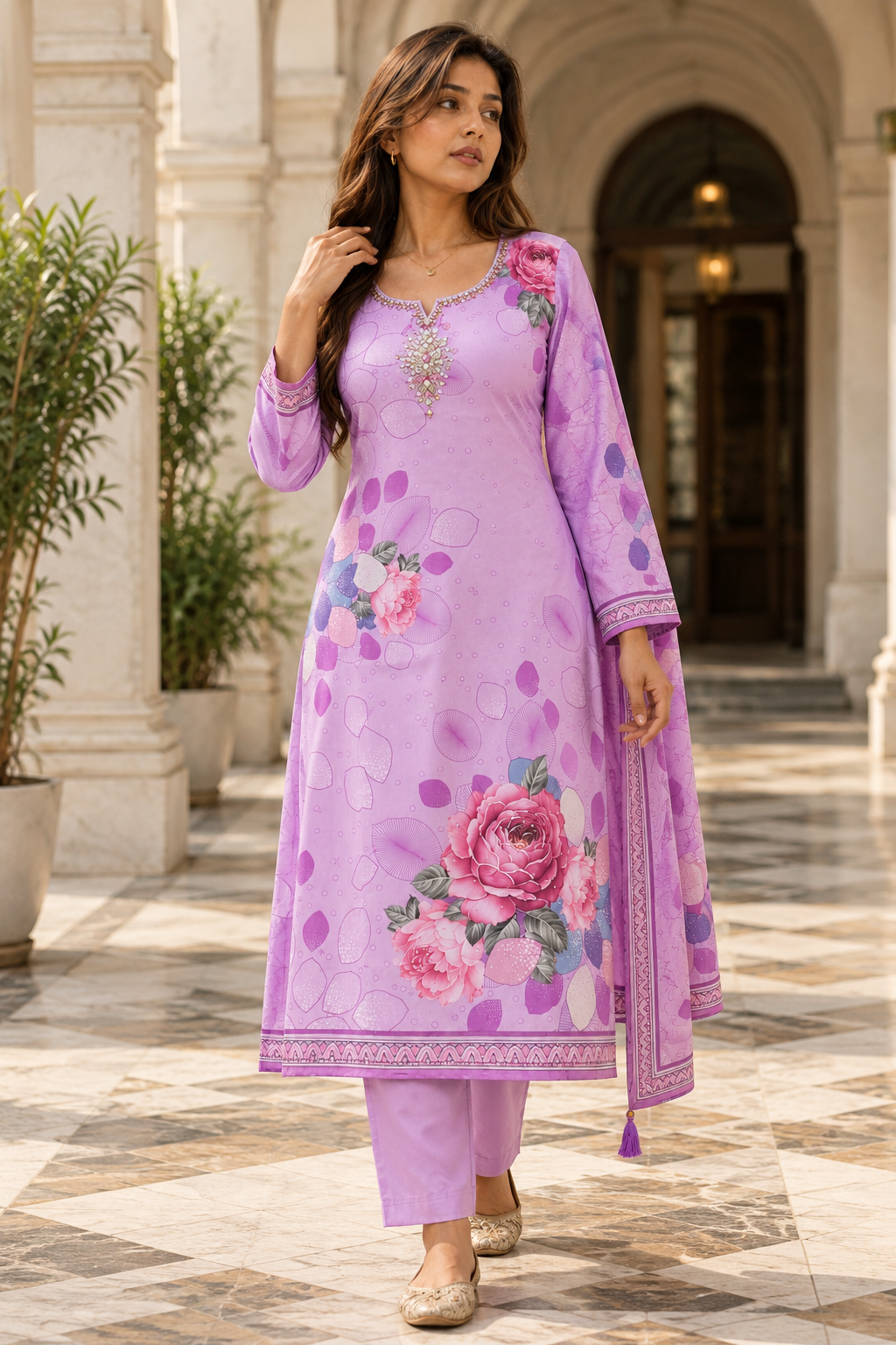 GULABIKA Lavender Floral Printed Kurta Pant Set with Dupatta for Women - Image 6