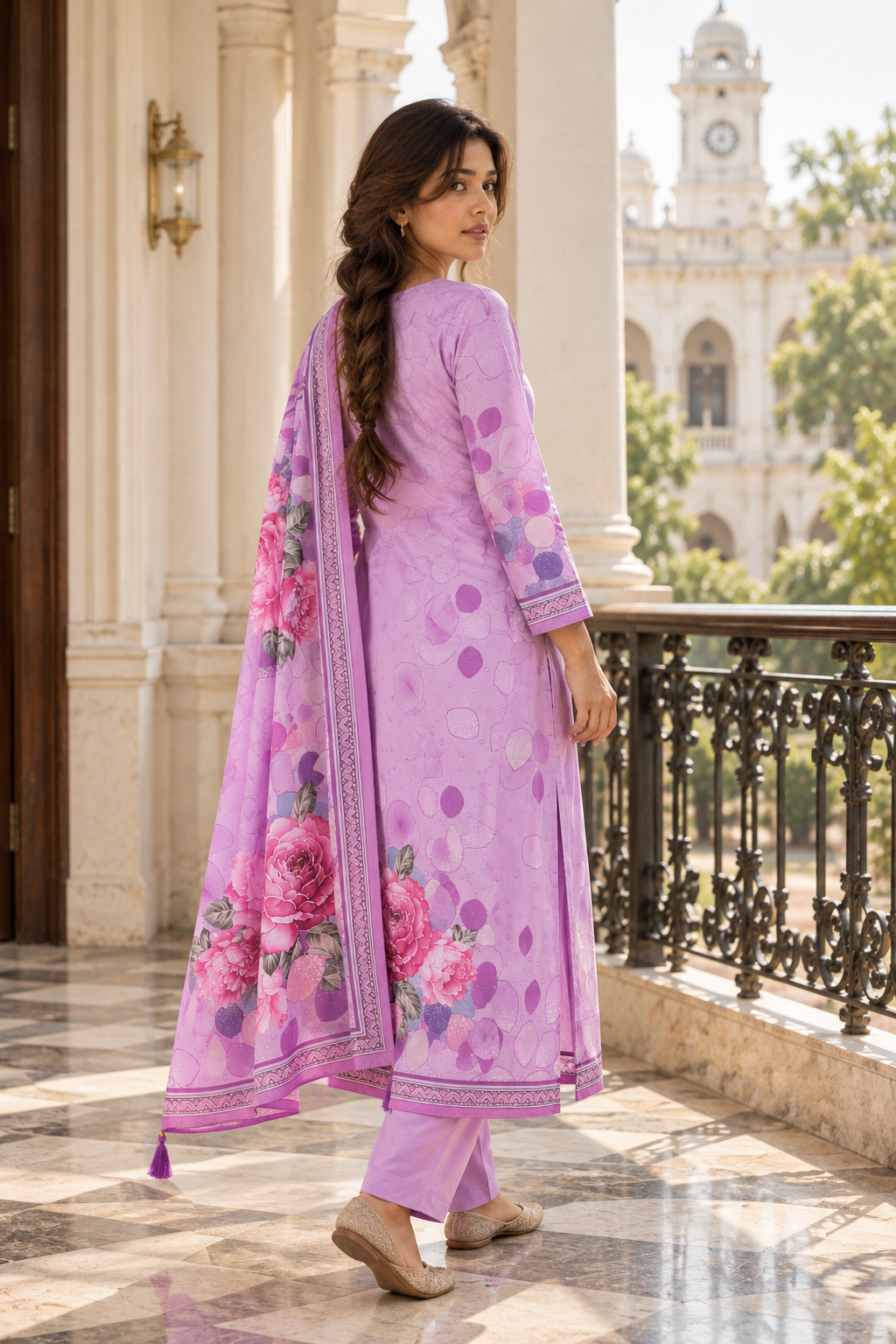 GULABIKA Lavender Floral Printed Kurta Pant Set with Dupatta for Women - Image 8