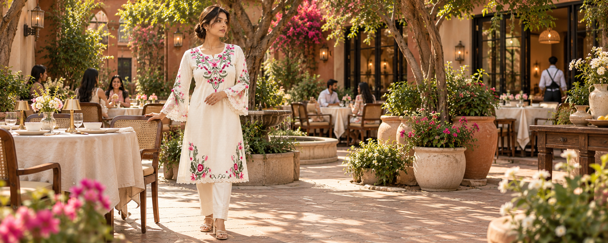 Woman in a white embroidered Inaayaa kurta set in a sunlit garden courtyard