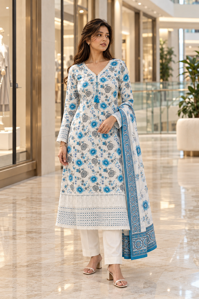 JAALIKA White & Blue Floral Printed Kurta Pant Set with Dupatta for Women