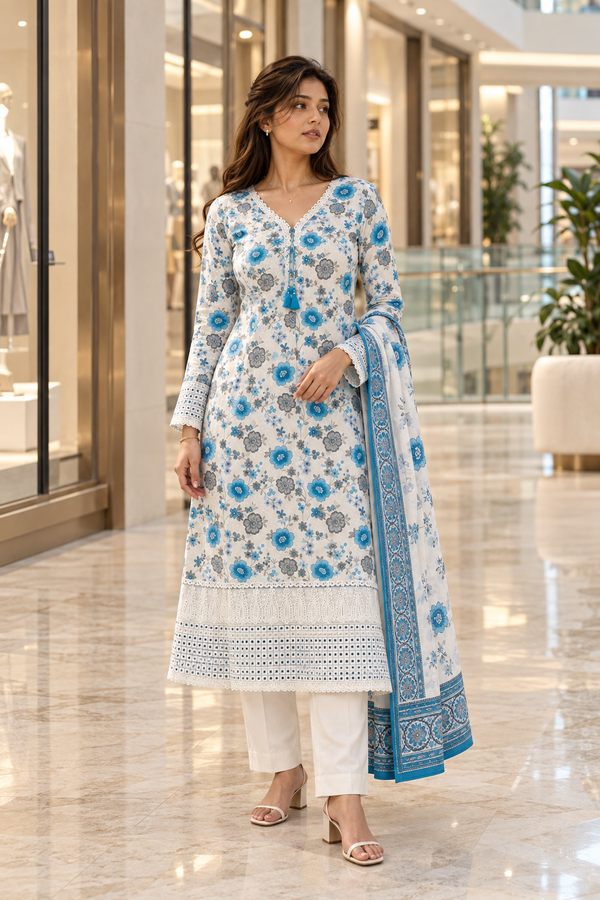 JAALIKA White & Blue Floral Printed Kurta Pant Set with Dupatta for Women