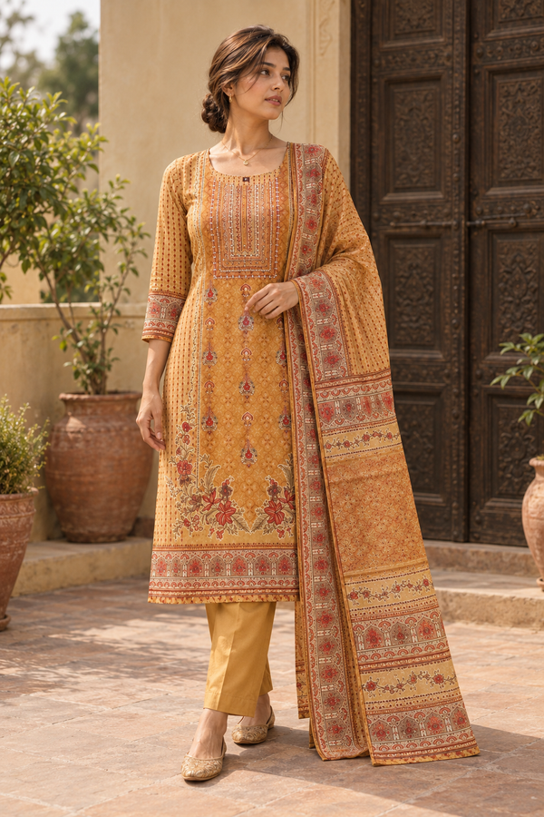 KANAKDHARA Mustard Gold Printed Kurta Pant Set with Dupatta for Women