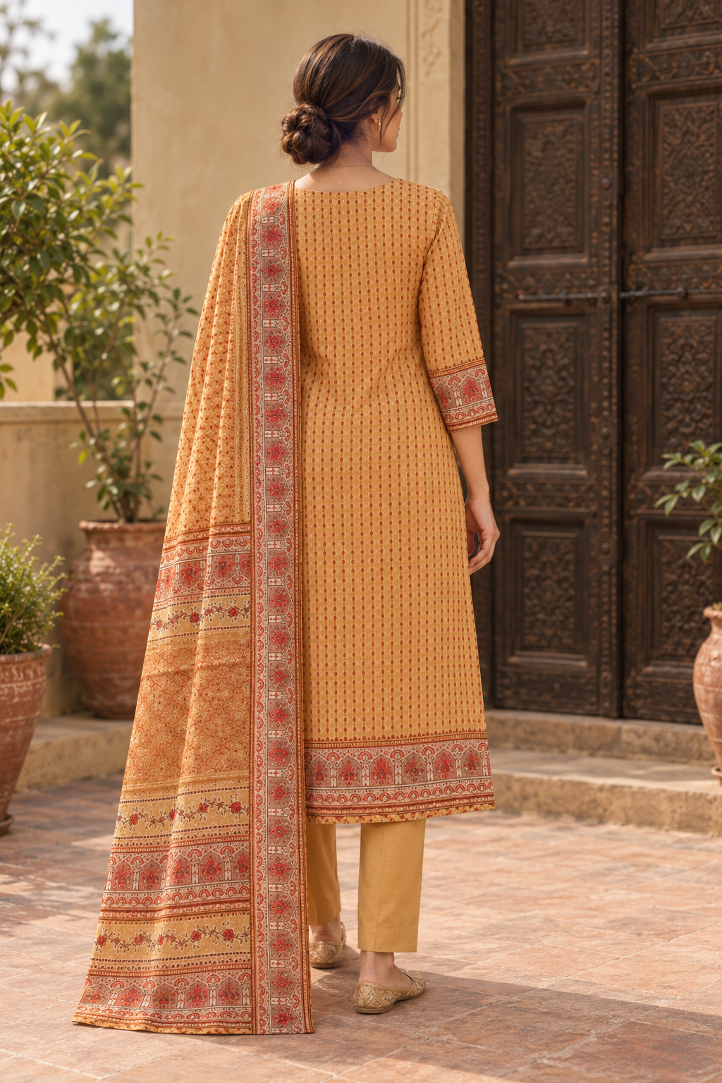 KANAKDHARA Mustard Gold Printed Kurta Pant Set with Dupatta for Women - Image 2