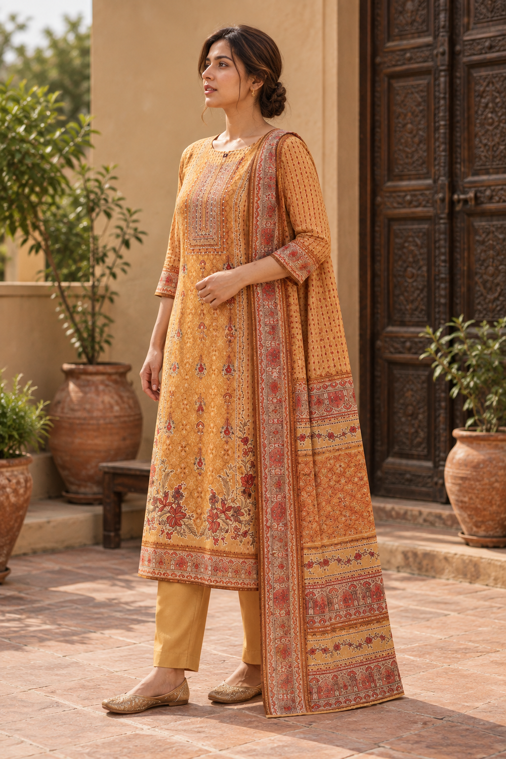 KANAKDHARA Mustard Gold Printed Kurta Pant Set with Dupatta for Women - Image 3
