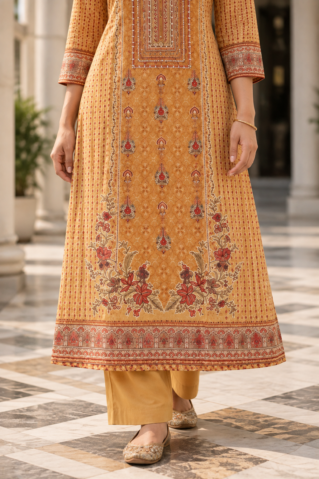 KANAKDHARA Mustard Gold Printed Kurta Pant Set with Dupatta for Women - Image 7