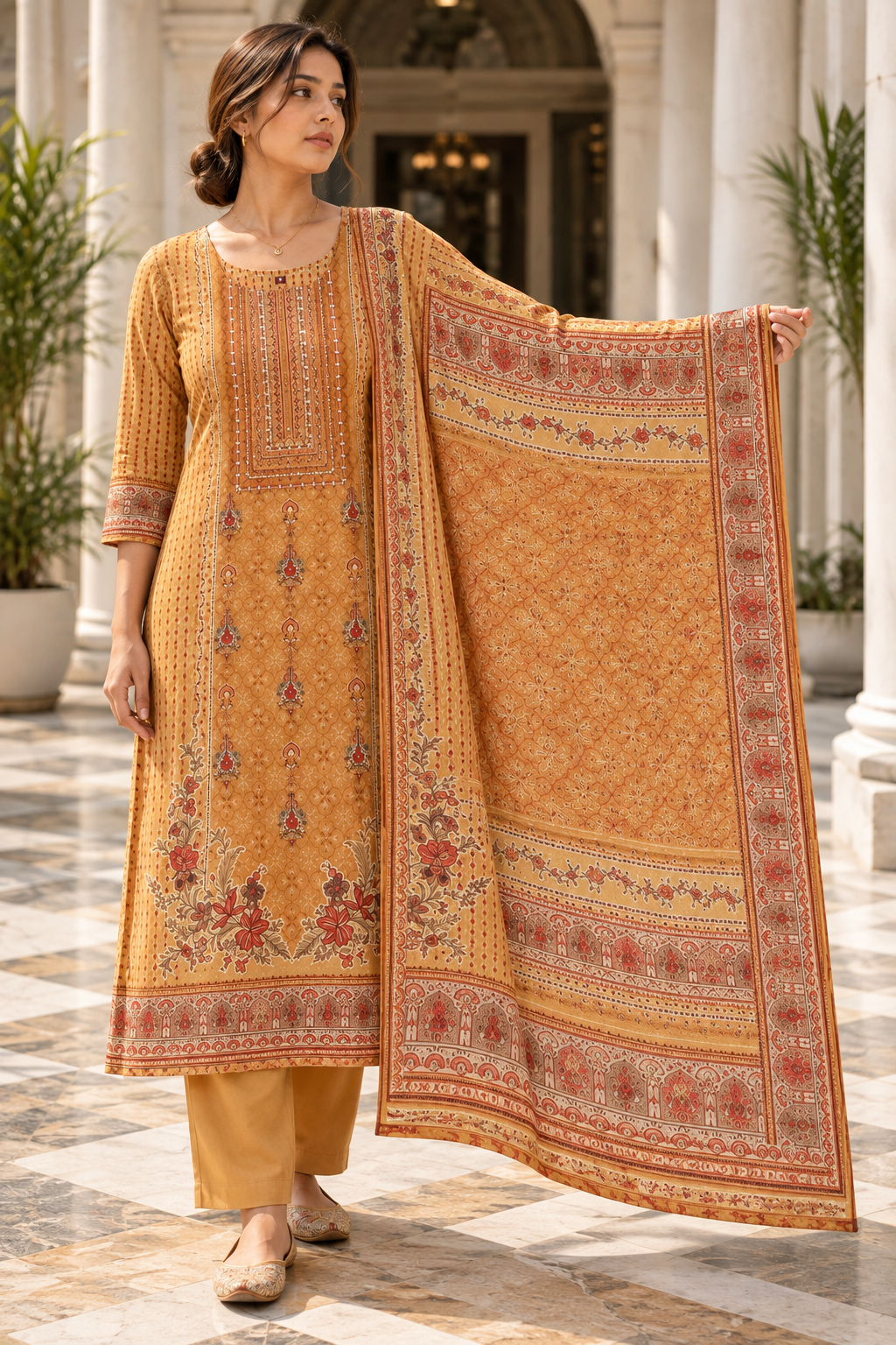 KANAKDHARA Mustard Gold Printed Kurta Pant Set with Dupatta for Women - Image 9