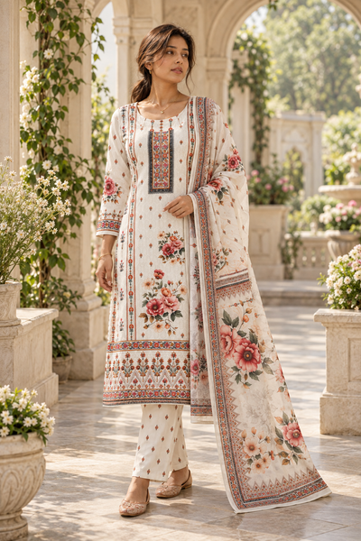 KUSUMANGAN Ivory Floral Printed Kurta Pant Set with Dupatta for Women