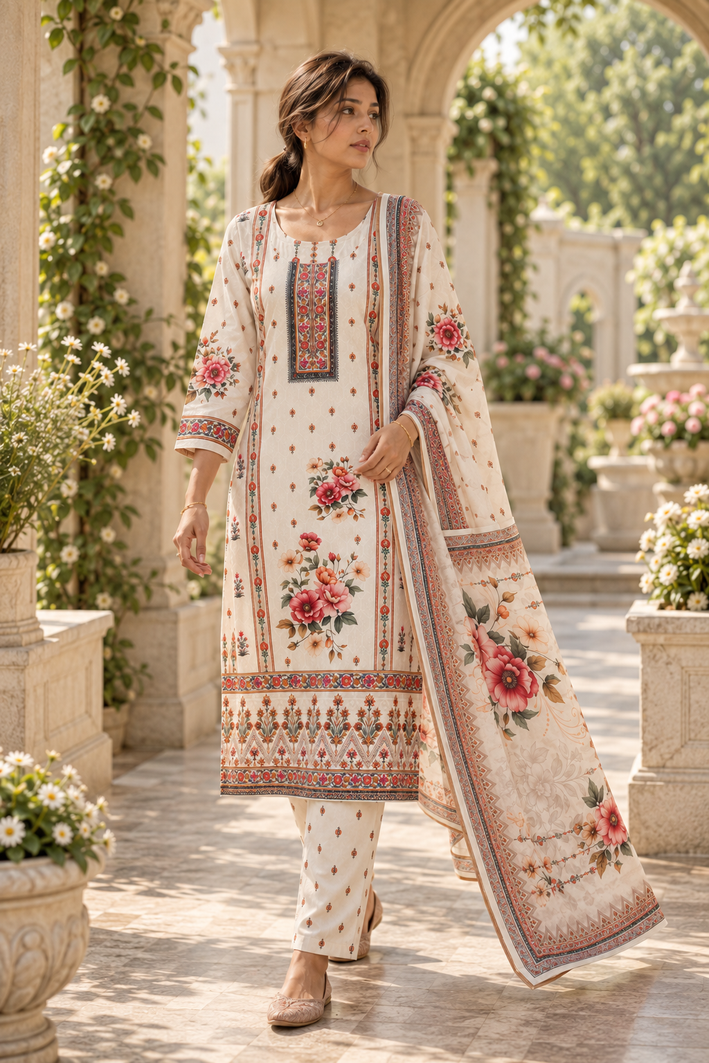 KUSUMANGAN Ivory Floral Printed Kurta Pant Set with Dupatta for Women - Image 3