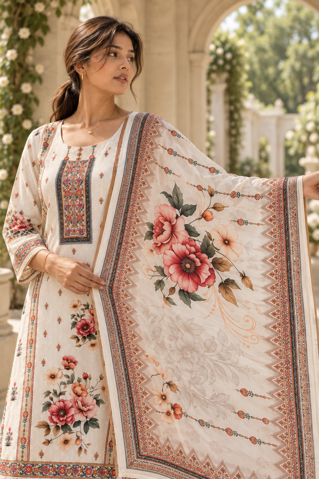 KUSUMANGAN Ivory Floral Printed Kurta Pant Set with Dupatta for Women - Image 4
