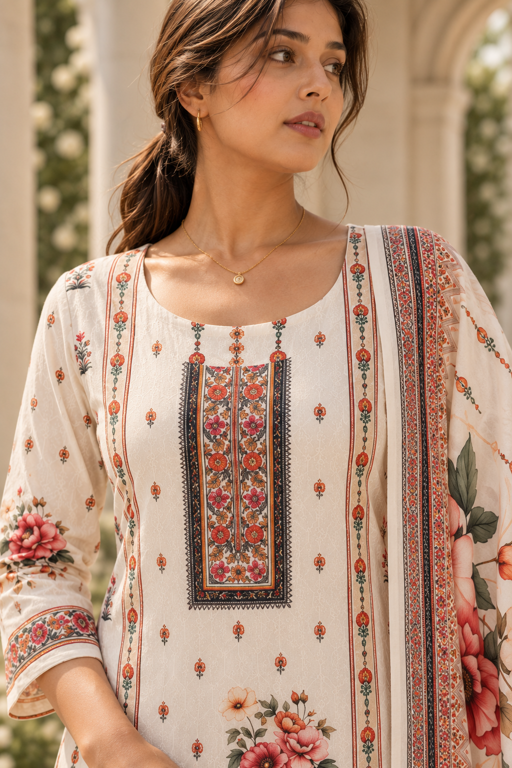 KUSUMANGAN Ivory Floral Printed Kurta Pant Set with Dupatta for Women - Image 5