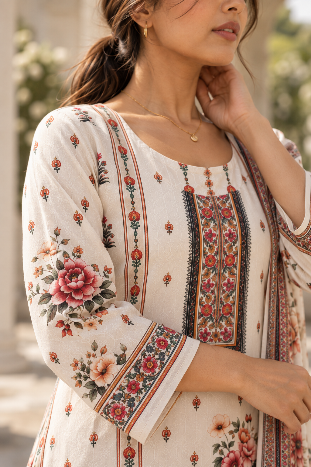 KUSUMANGAN Ivory Floral Printed Kurta Pant Set with Dupatta for Women - Image 6