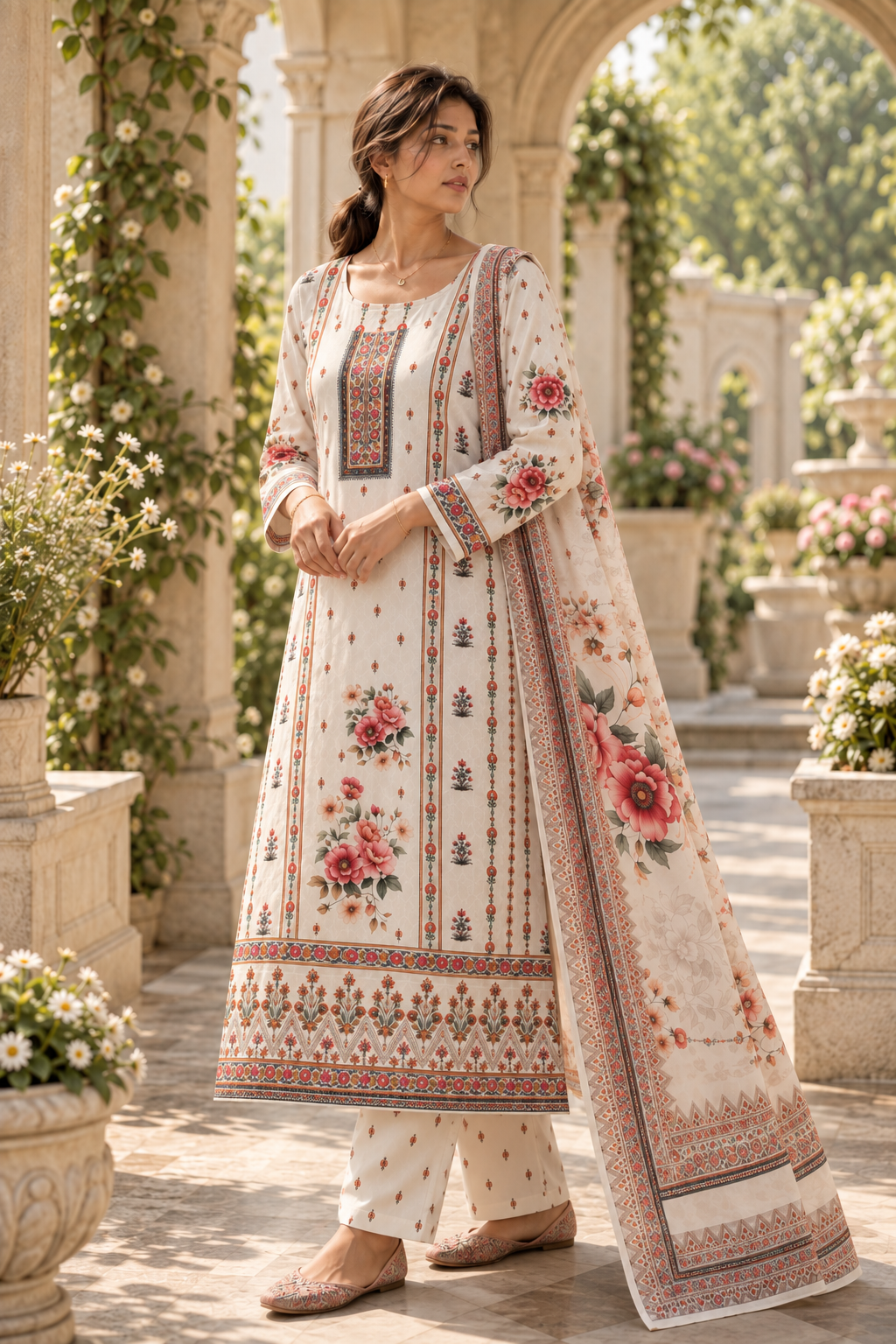 KUSUMANGAN Ivory Floral Printed Kurta Pant Set with Dupatta for Women - Image 8