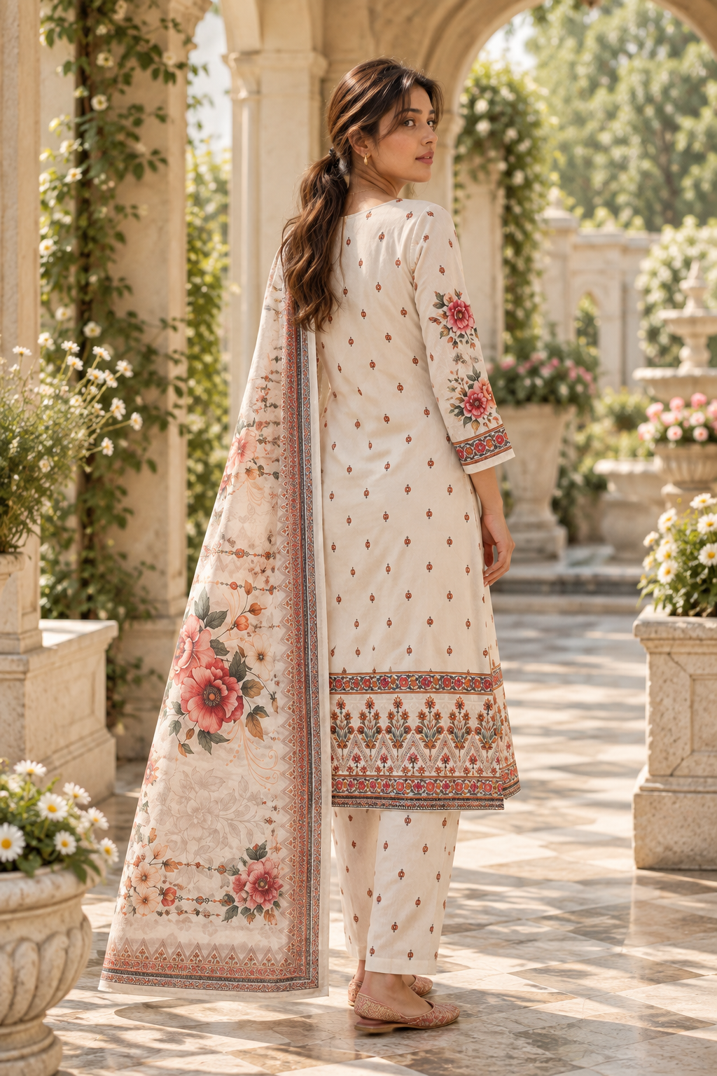 KUSUMANGAN Ivory Floral Printed Kurta Pant Set with Dupatta for Women - Image 9