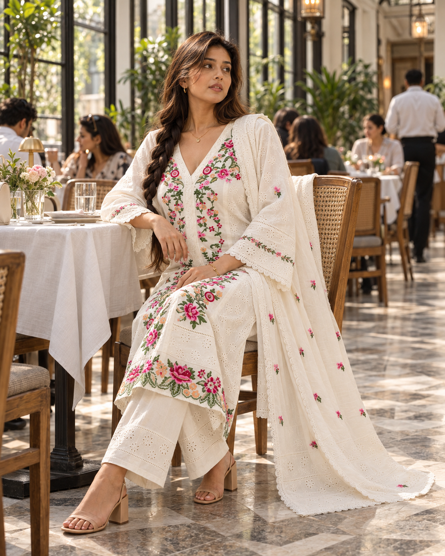 KUSUMJAALI Ivory Pink Floral Embroidered Eyelet Kurta Pant Set with Dupatta for Women
