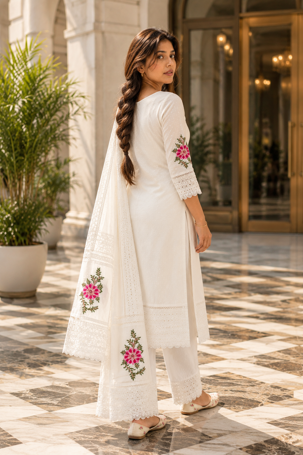 KUSUMJAALI Ivory Pink Floral Embroidered Eyelet Kurta Pant Set with Dupatta for Women - Image 10