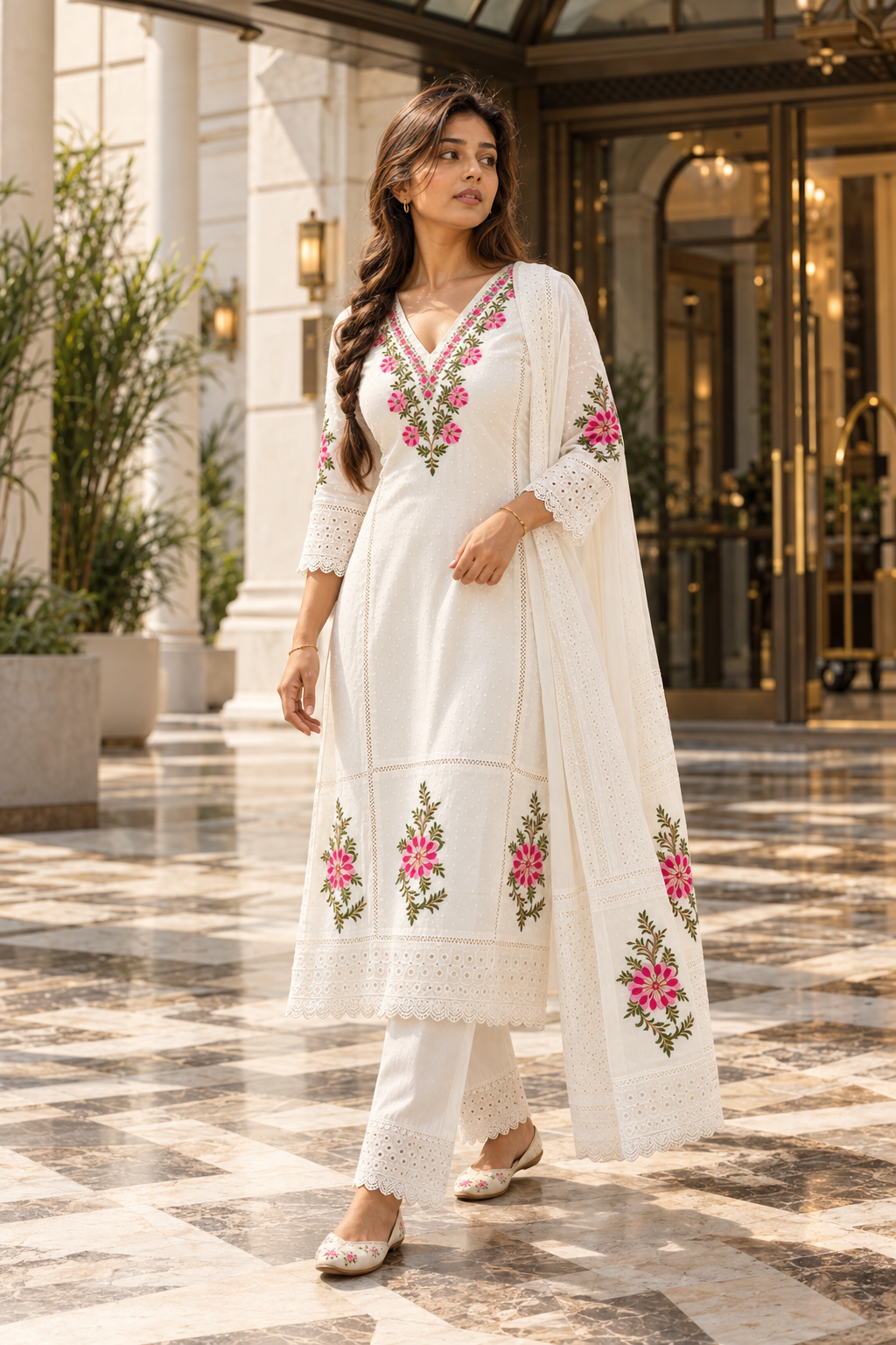 KUSUMJAALI Ivory Pink Floral Embroidered Eyelet Kurta Pant Set with Dupatta for Women - Image 11
