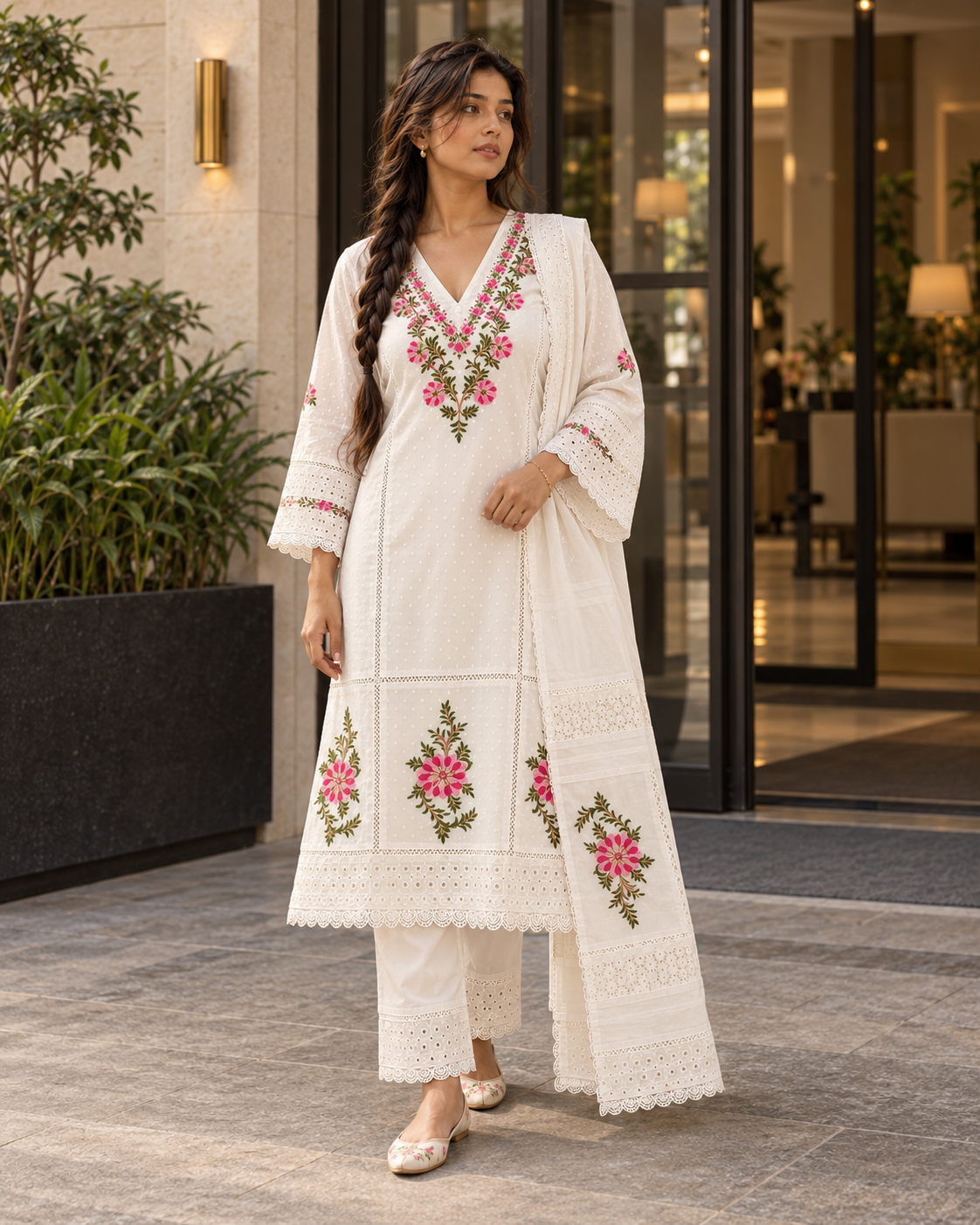 KUSUMJAALI Ivory Pink Floral Embroidered Eyelet Kurta Pant Set with Dupatta for Women - Image 2