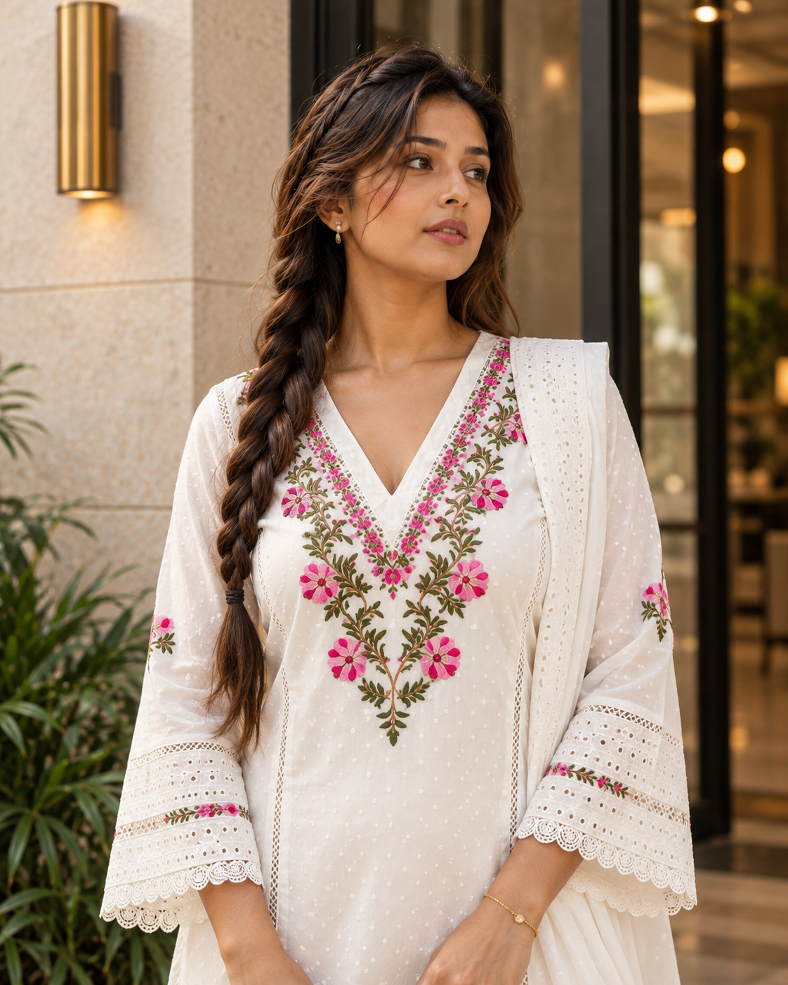 KUSUMJAALI Ivory Pink Floral Embroidered Eyelet Kurta Pant Set with Dupatta for Women - Image 3