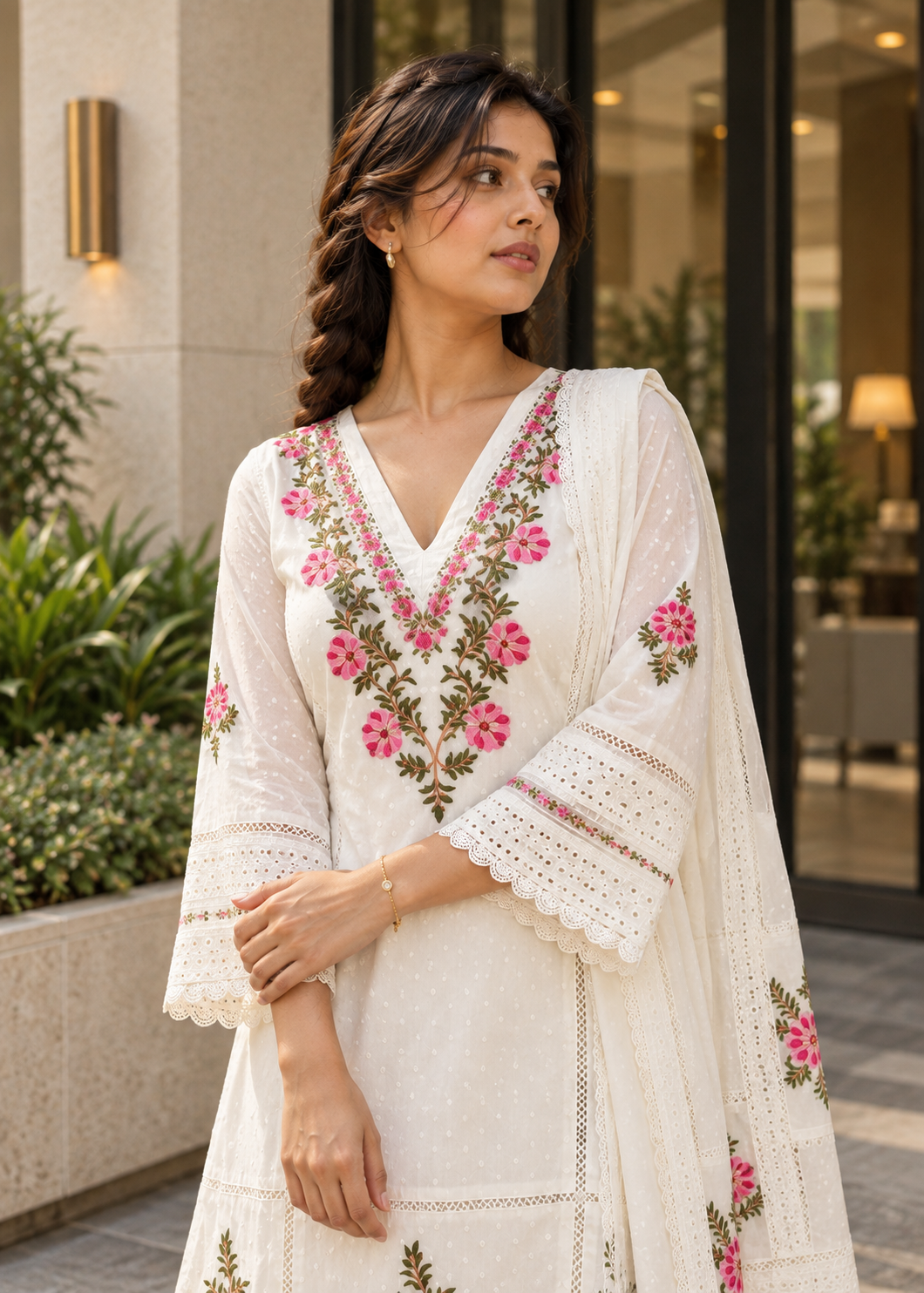 KUSUMJAALI Ivory Pink Floral Embroidered Eyelet Kurta Pant Set with Dupatta for Women - Image 4