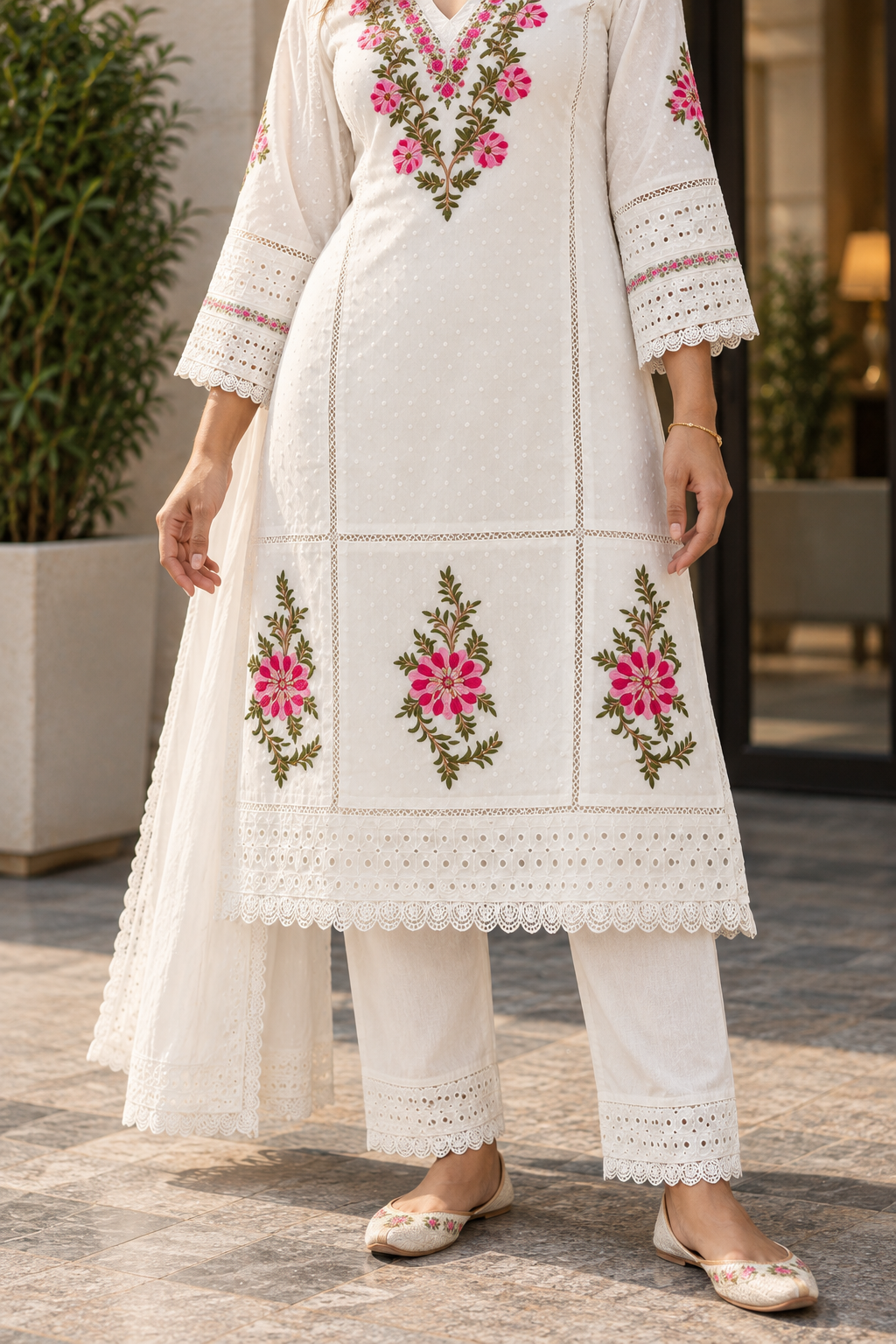 KUSUMJAALI Ivory Pink Floral Embroidered Eyelet Kurta Pant Set with Dupatta for Women - Image 6