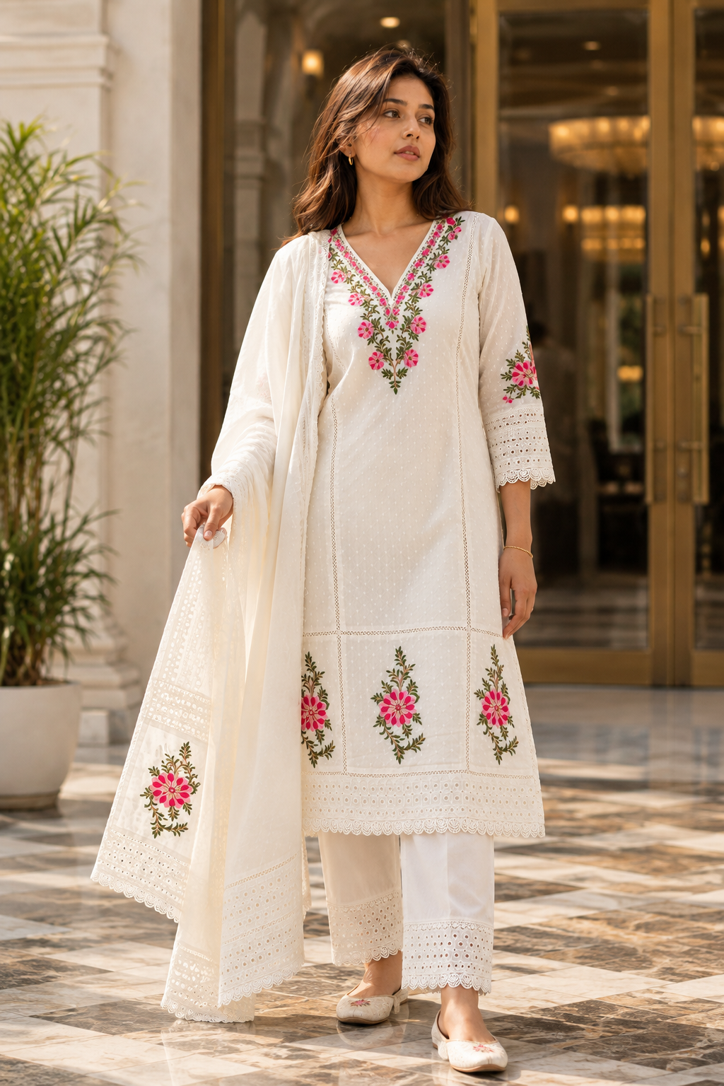 KUSUMJAALI Ivory Pink Floral Embroidered Eyelet Kurta Pant Set with Dupatta for Women - Image 8