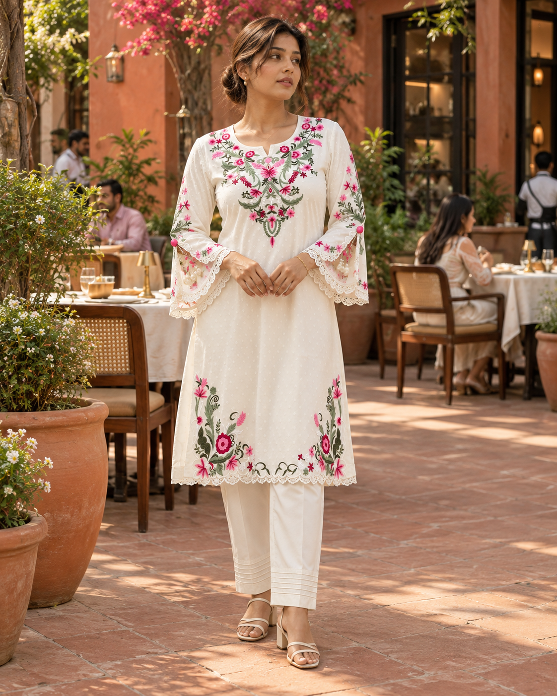KUSUMJHUMKI Ivory Pink Floral Embroidered Kurta Pant Set with Bell Sleeves for Women - Image 1