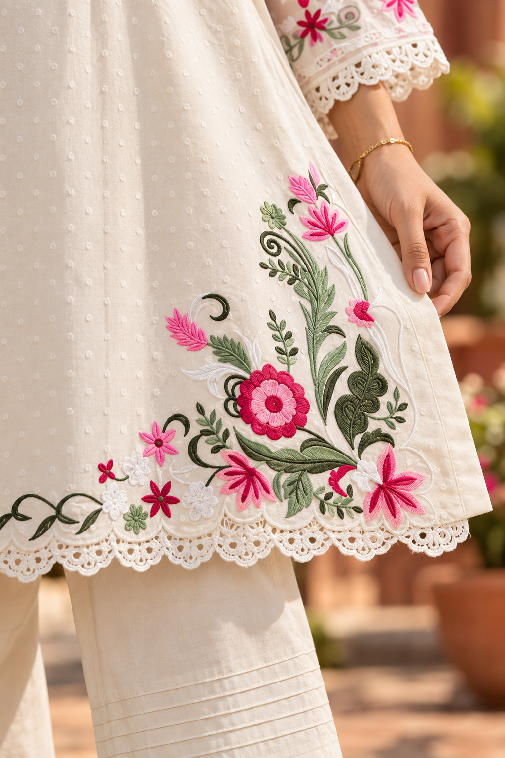 KUSUMJHUMKI Ivory Pink Floral Embroidered Kurta Pant Set with Bell Sleeves for Women - Image 10
