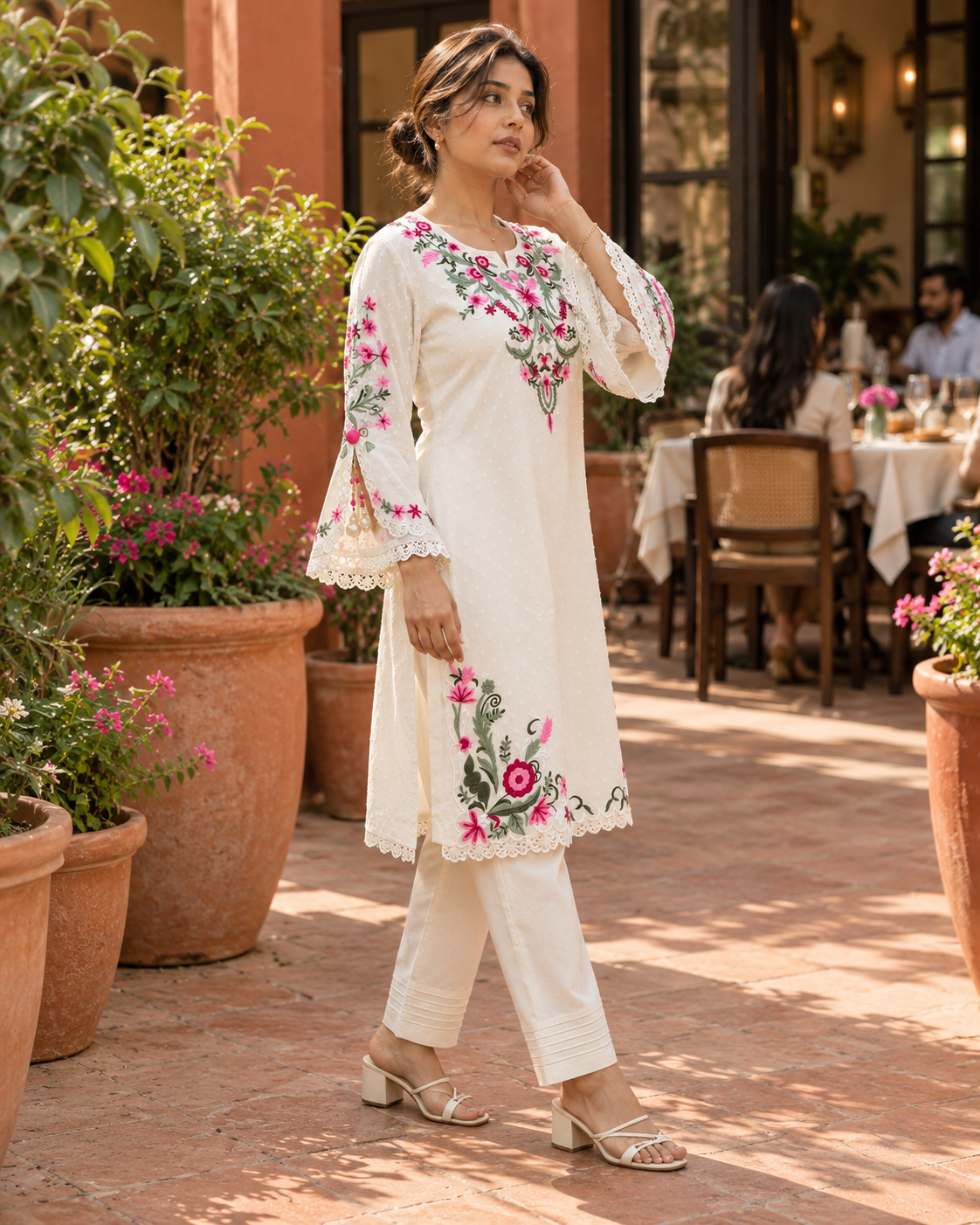 KUSUMJHUMKI Ivory Pink Floral Embroidered Kurta Pant Set with Bell Sleeves for Women - Image 2