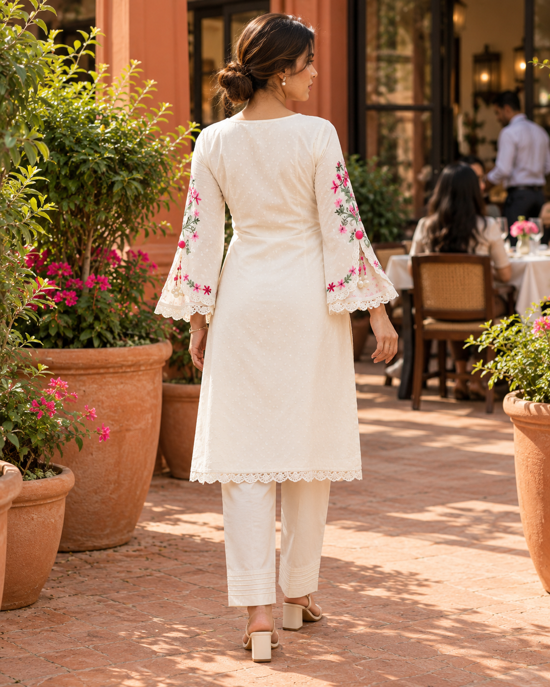 KUSUMJHUMKI Ivory Pink Floral Embroidered Kurta Pant Set with Bell Sleeves for Women - Image 3