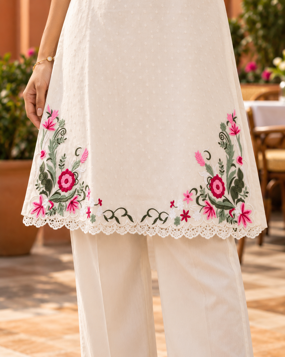 KUSUMJHUMKI Ivory Pink Floral Embroidered Kurta Pant Set with Bell Sleeves for Women - Image 6