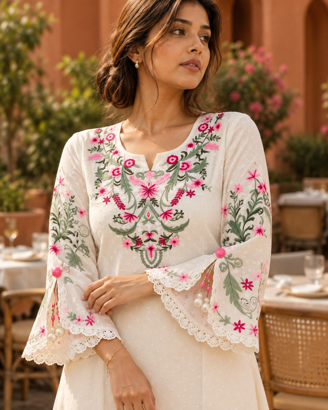 KUSUMJHUMKI Ivory Pink Floral Embroidered Kurta Pant Set with Bell Sleeves for Women - Image 8