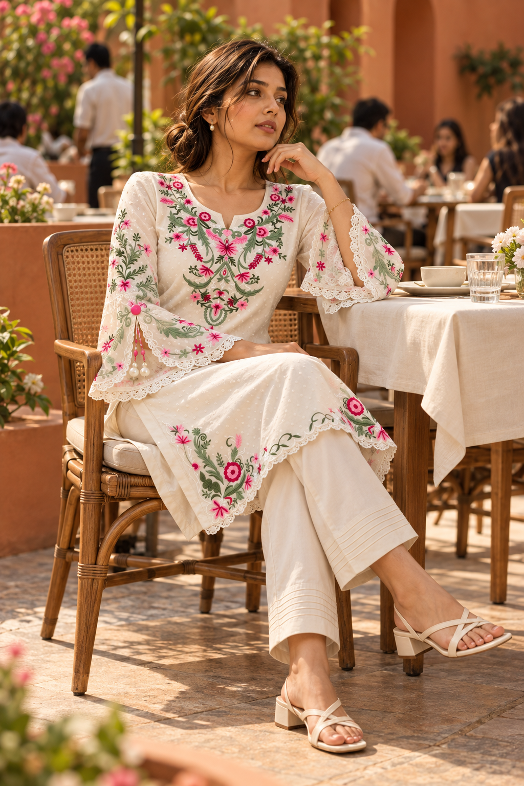 KUSUMJHUMKI Ivory Pink Floral Embroidered Kurta Pant Set with Bell Sleeves for Women - Image 9